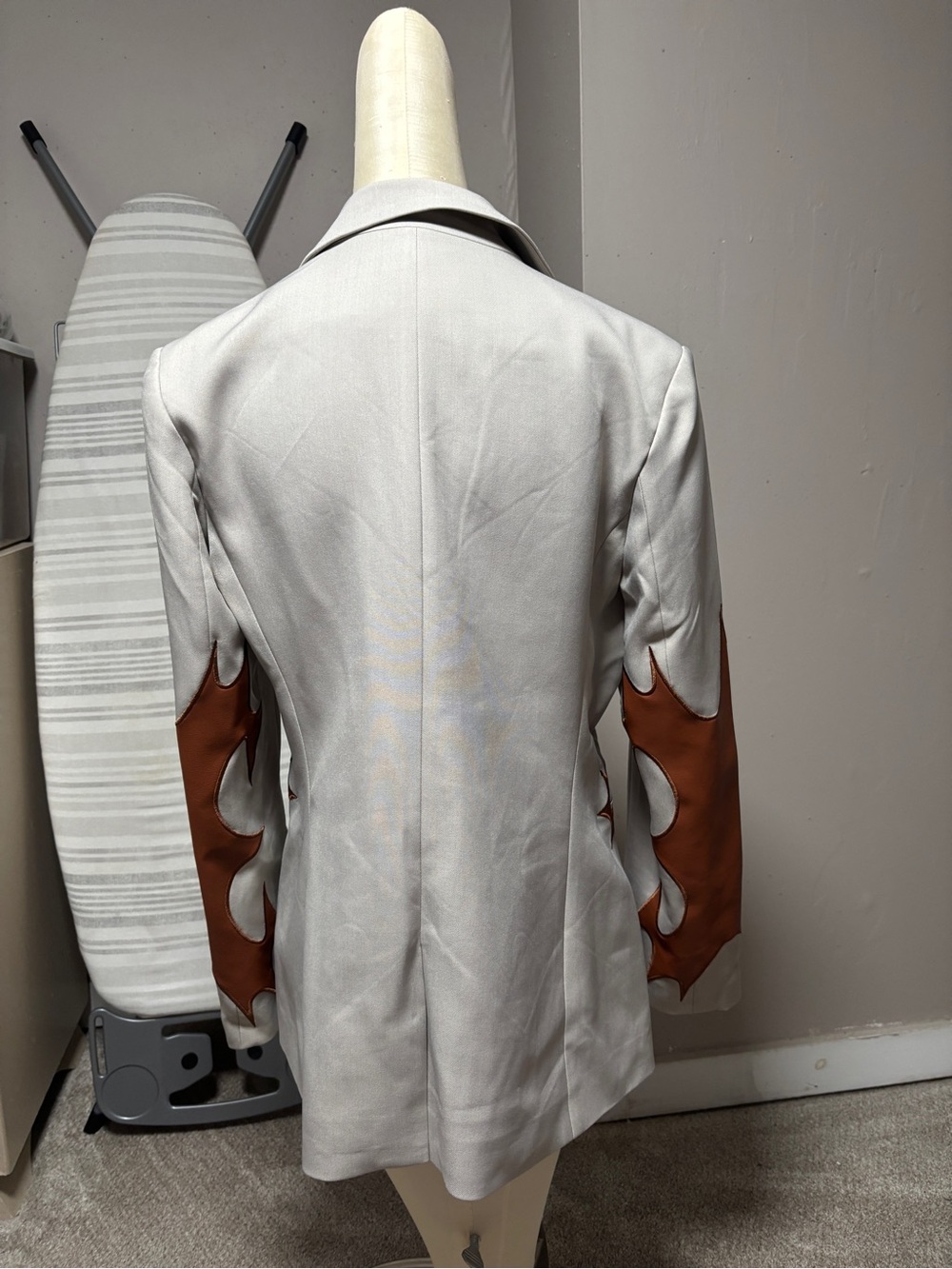 Fashion Nova Cream Blazer with Brown Leather Appliqués and Turquoise Buttons - Picture 2 of 6